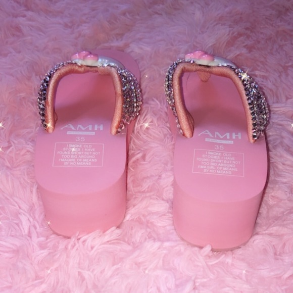 π NEW HELLO KITTY KAWAII PLASTIC WEDGE PLATFORM FLIP FLOP SANDALS CUSTOM BLING - Picture 8 of 9